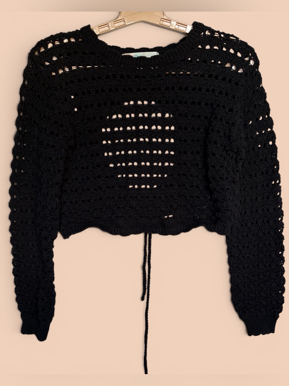FP Beach Crochet Open Knit Crop Sweater M Black Long Sleeve Tie Back Bohemian